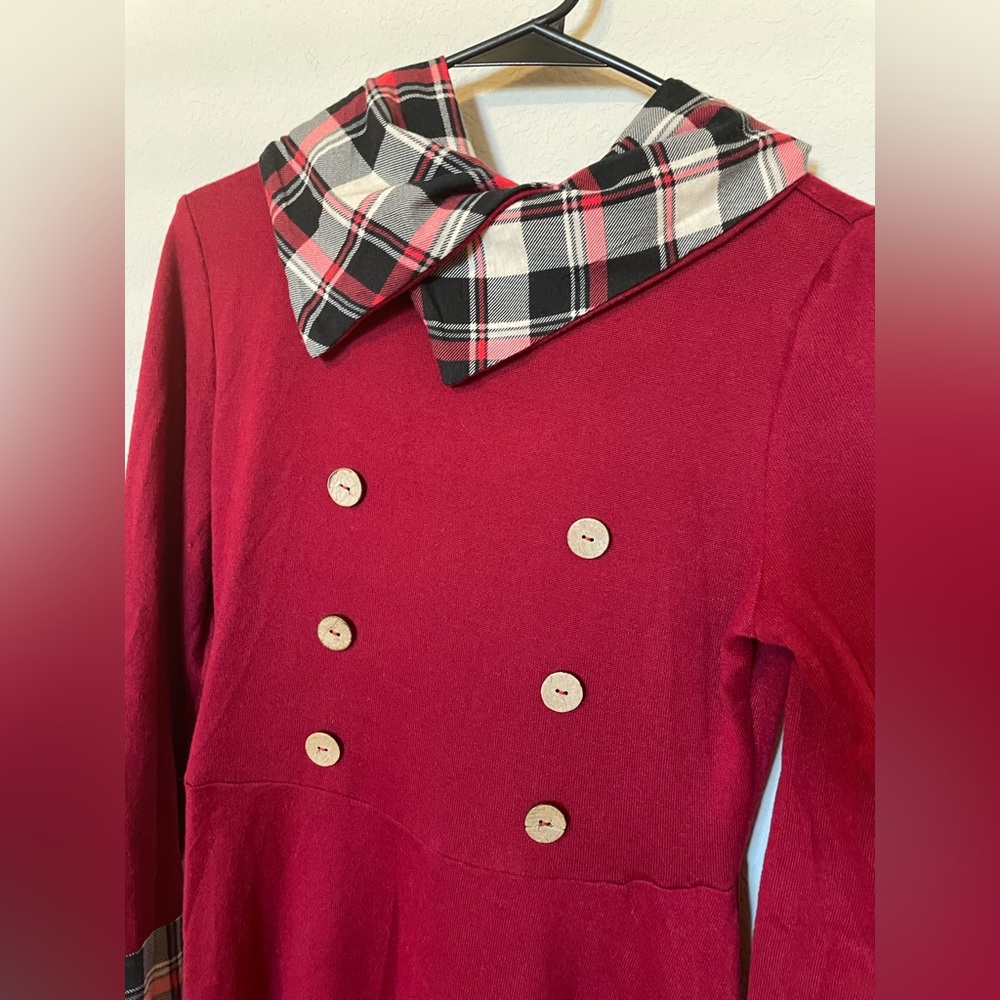 Women’s Red Plaid Print Panel Hooded Midi Dress Size 6 NWOT - Picture 6 of 11